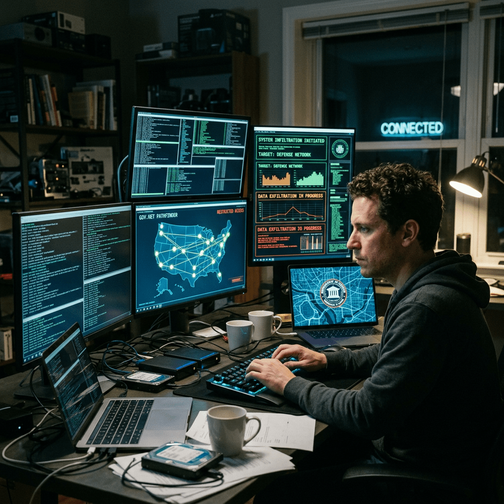 Person working on a computer with multiple screens displaying cybersecurity data and network maps