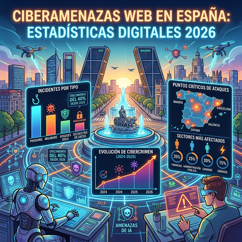 Cybersecurity dashboard showing Spain's web threat statistics and critical attack points