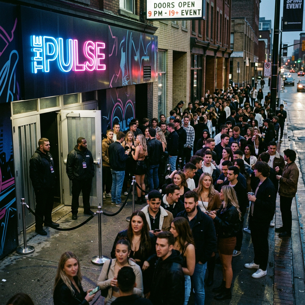 Crowd of people lined up outside The Pulse nightclub entrance at dusk