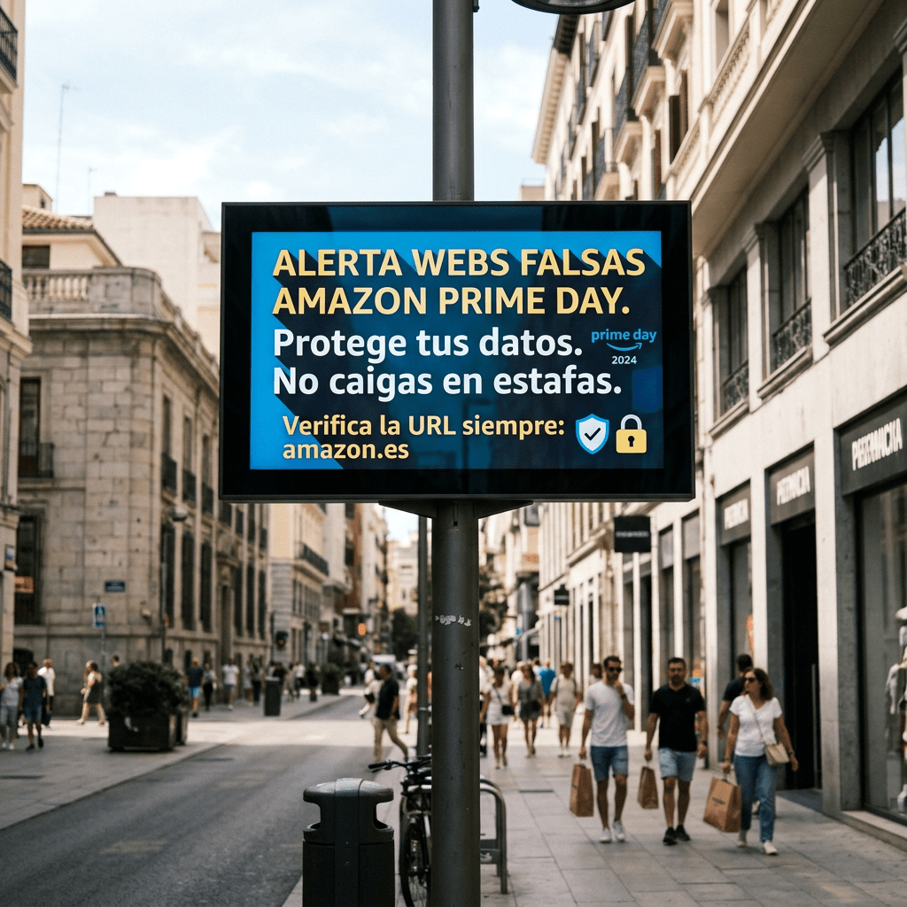 Digital sign warning about fake Amazon Prime Day websites and advising URL verification