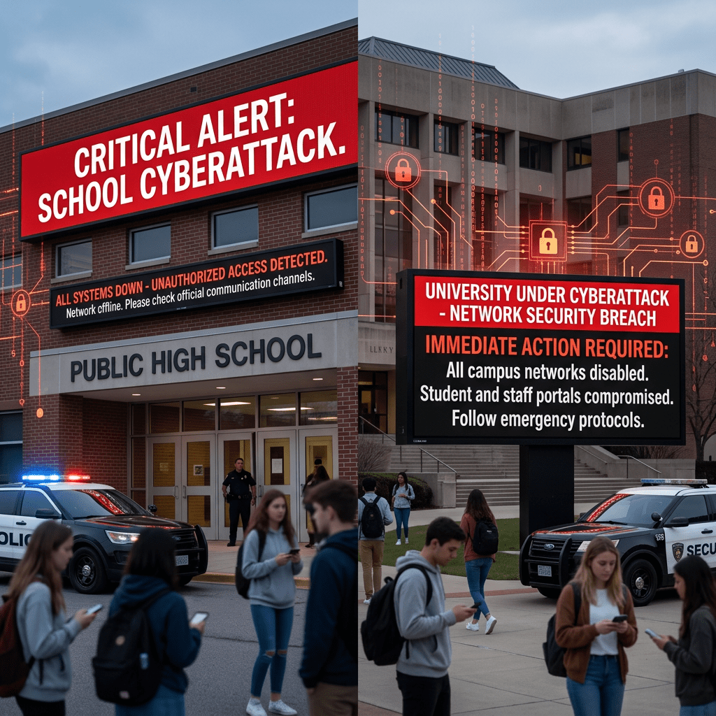 Electronic alert signs warning of school and university cyberattacks with police presence and students outside campus buildings