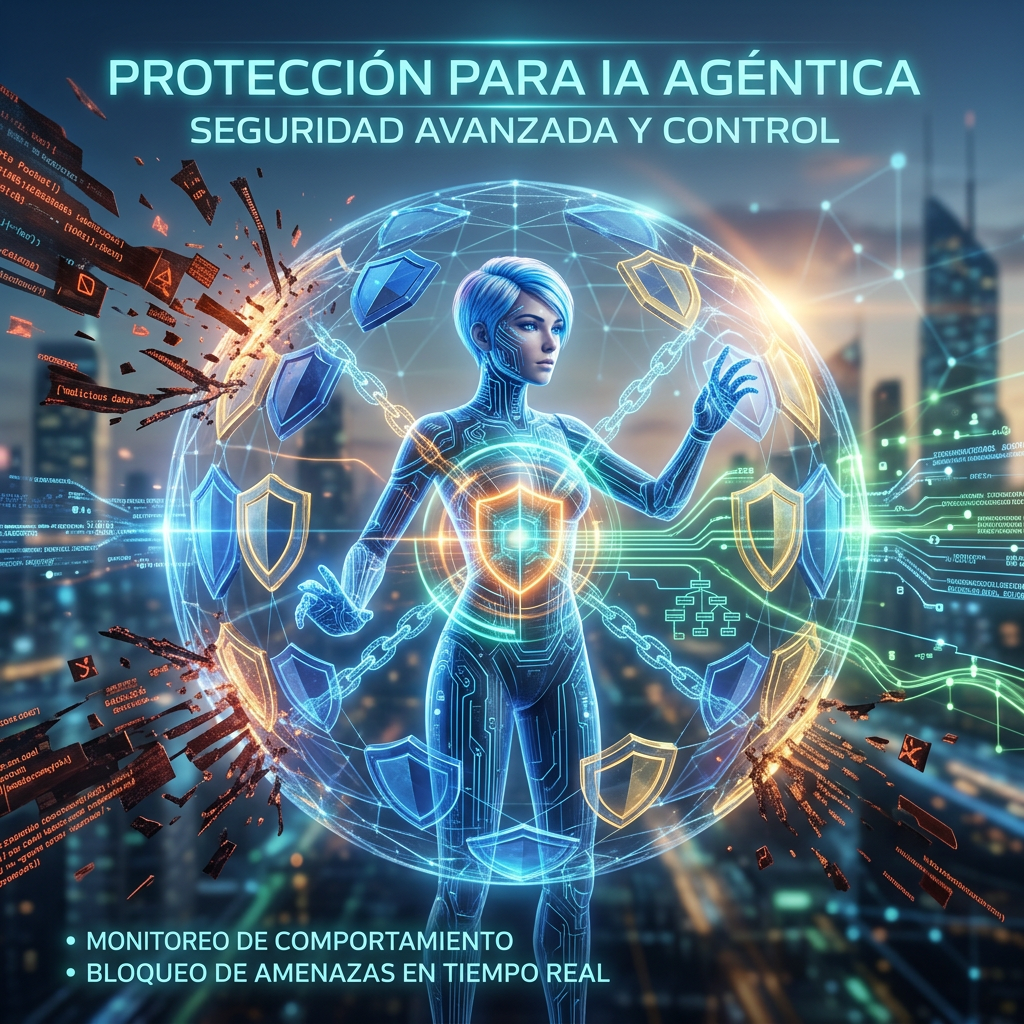 Futuristic female AI agent surrounded by glowing digital shields and chains blocking cyber threats