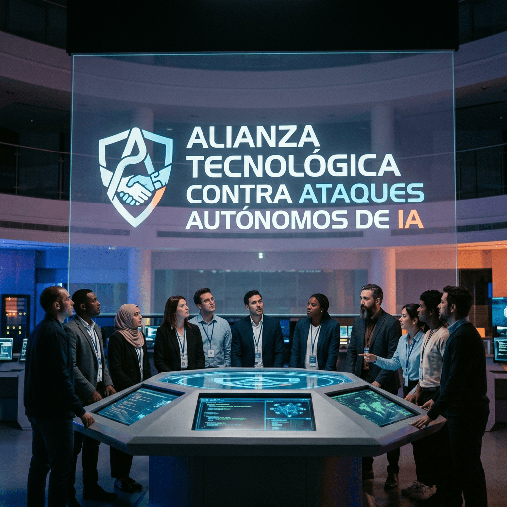 Group of professionals standing around a digital table under a screen displaying 'Alianza Tecnológica Contra Ataques Autónomos de IA'