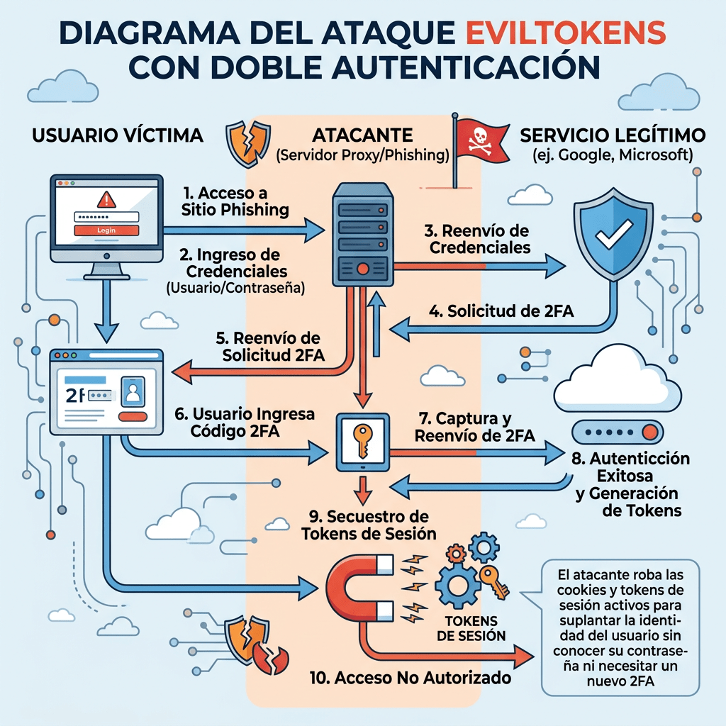 Flowchart showing steps of EvilTokens phishing attack bypassing two-factor authentication involving victim, attacker, and legitimate service