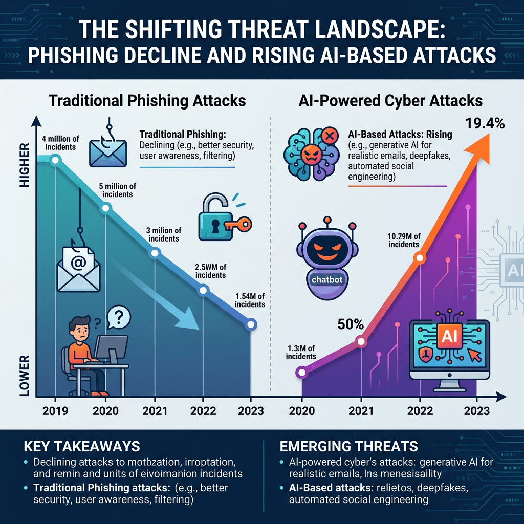 Graph showing decline in traditional phishing attacks from 2019 to 2023 and rise in AI-based cyber attacks from 2020 to 2023