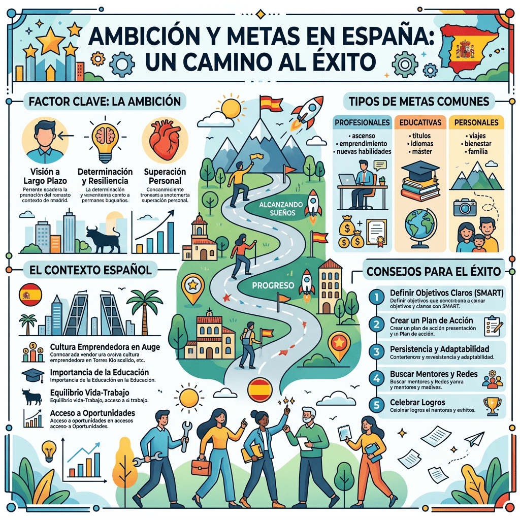 Infographic about ambition, goals, and success strategies in Spain with illustrations and icons