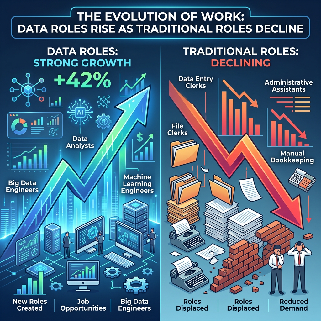 Chart showing data roles growing by 42 percent with rising job opportunities, and traditional roles like clerks and bookkeeping declining