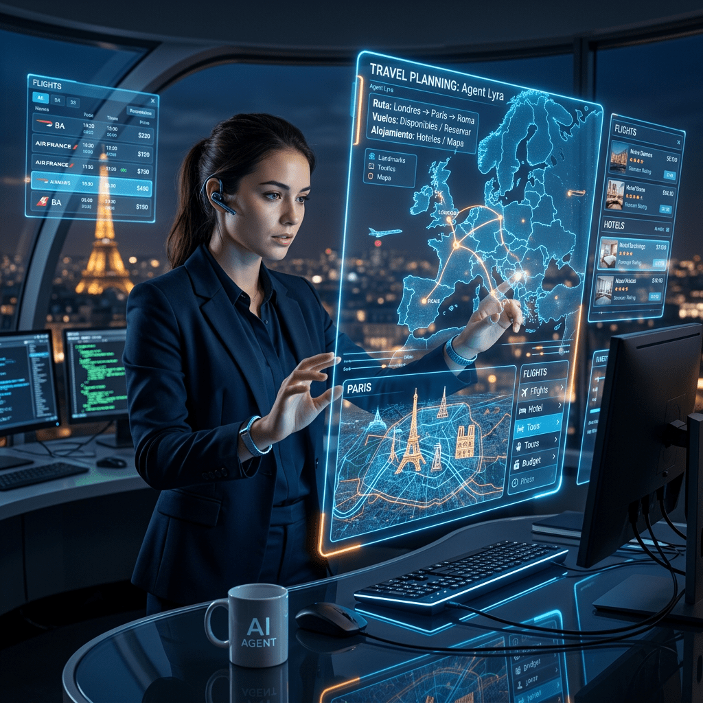 Woman interacting with digital travel planning interface showing Europe map and flight details