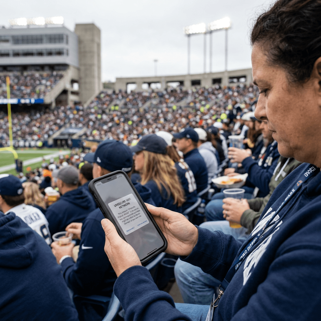 Person holding smartphone showing 'Unable to join network' message at a crowded sports stadium