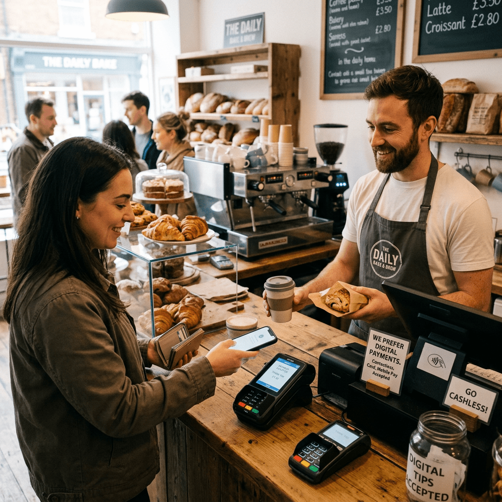 Customer using smartphone to pay for coffee and pastry with barista smiling