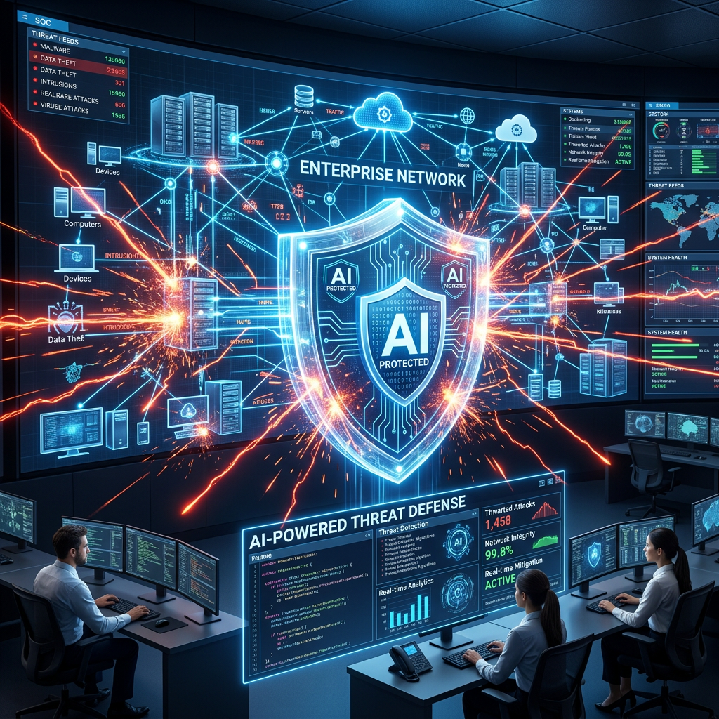 Cybersecurity command center with large digital shield labeled AI protected defending enterprise network from threats