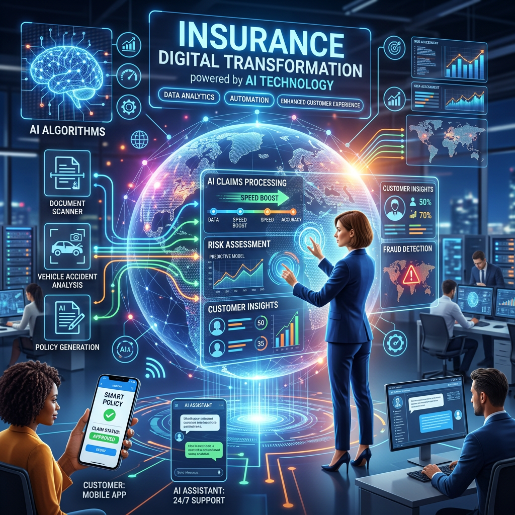 Digital interface showing AI-powered insurance claims processing, risk assessment, customer insights, and fraud detection