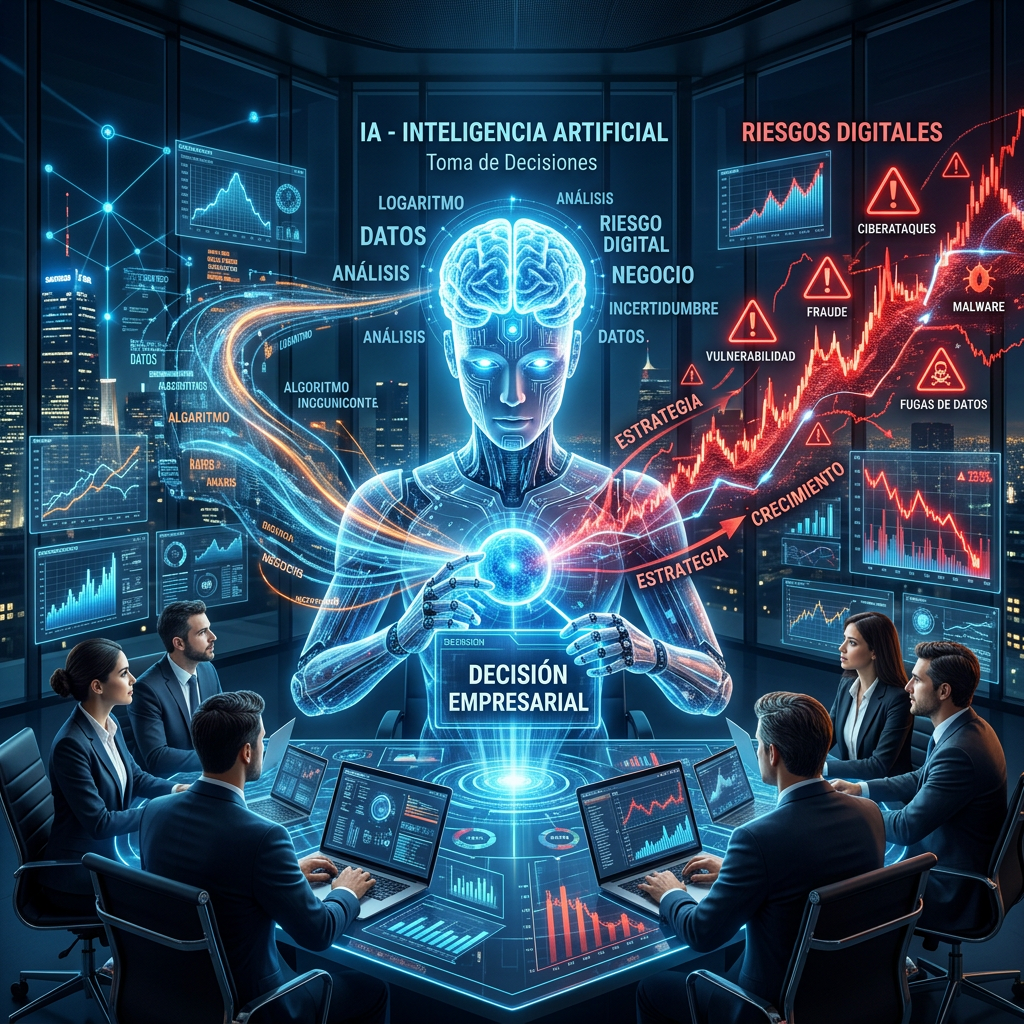 Business team collaborating around table with AI hologram displaying data and digital risks