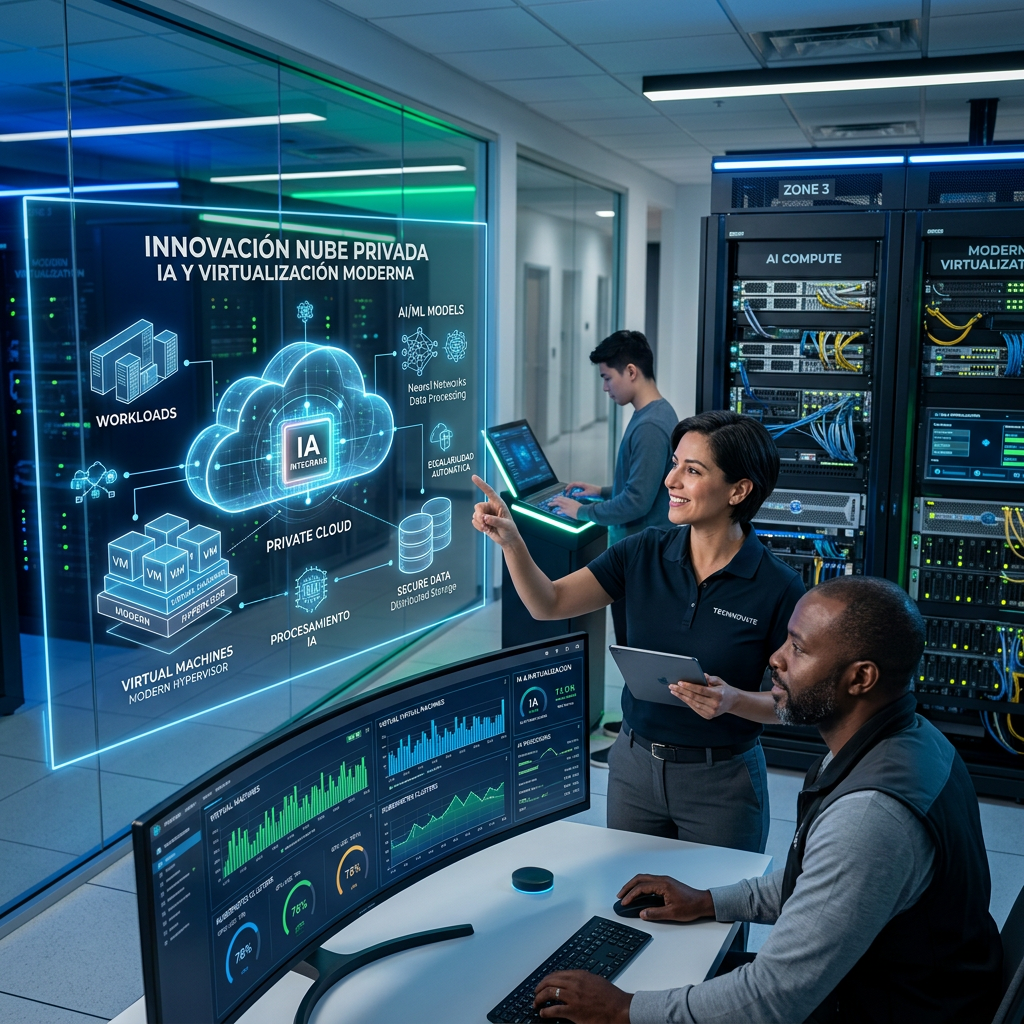 Two IT professionals discussing private cloud AI and virtualization concepts in a server room