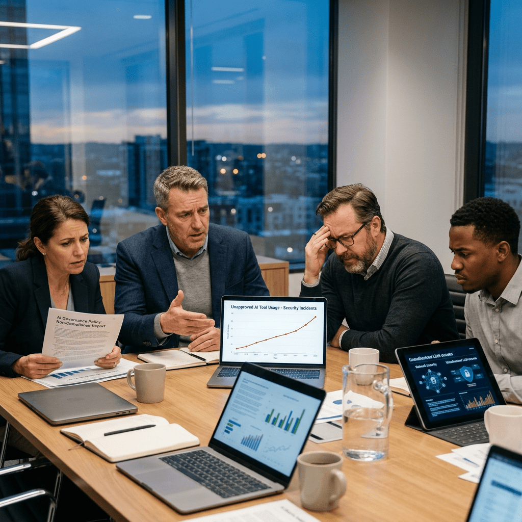 Four professionals discussing AI security incidents with data charts on laptops