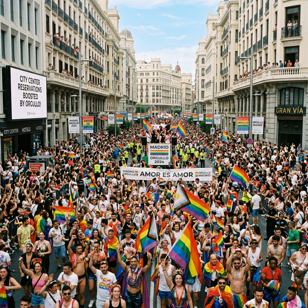 Large crowd at Madrid Pride 2024 parade with rainbow flags and banners saying Amor es Amor
