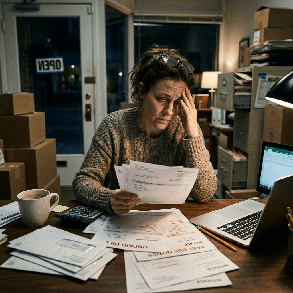 Woman stressed over unpaid bills at desk with laptop and calculator