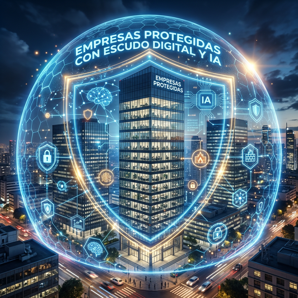 City office buildings surrounded by a digital shield representing protection with AI and cybersecurity