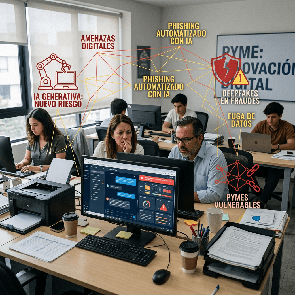 Office workers focused on cybersecurity threats like AI phishing, data leaks, and digital vulnerabilities
