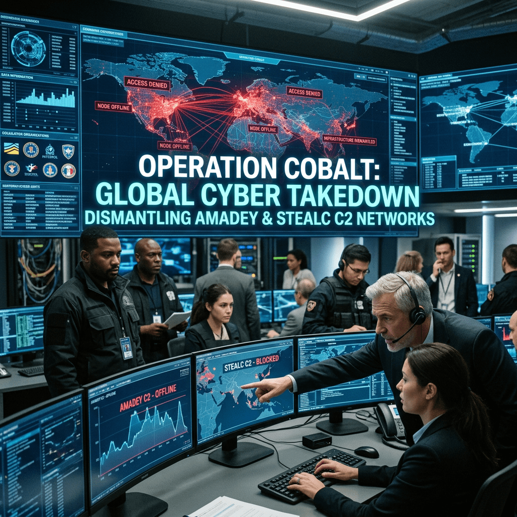 Cybersecurity team monitoring and managing global cyberattack takedown