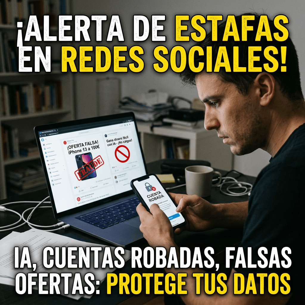 Man using phone showing stolen account alert while laptop displays social media scam warnings