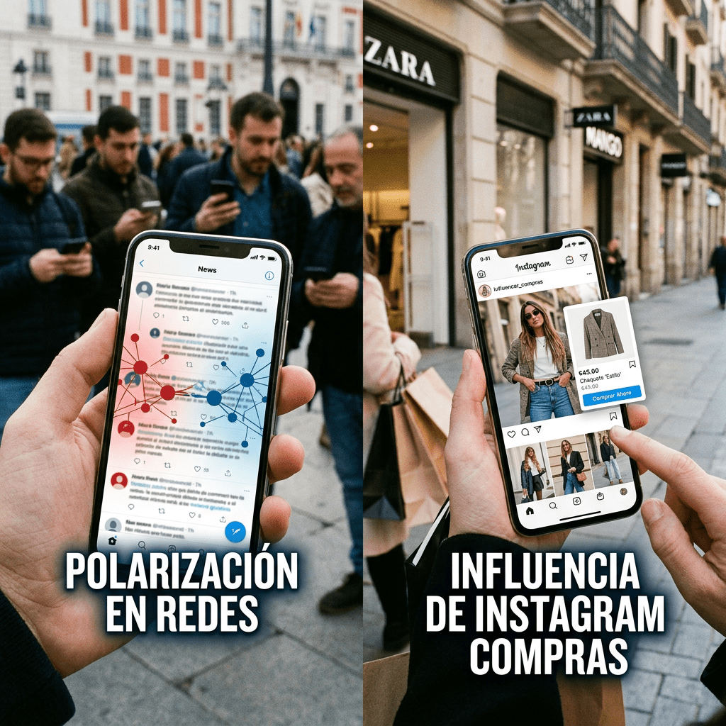 Smartphones showing social media polarization and Instagram shopping influence