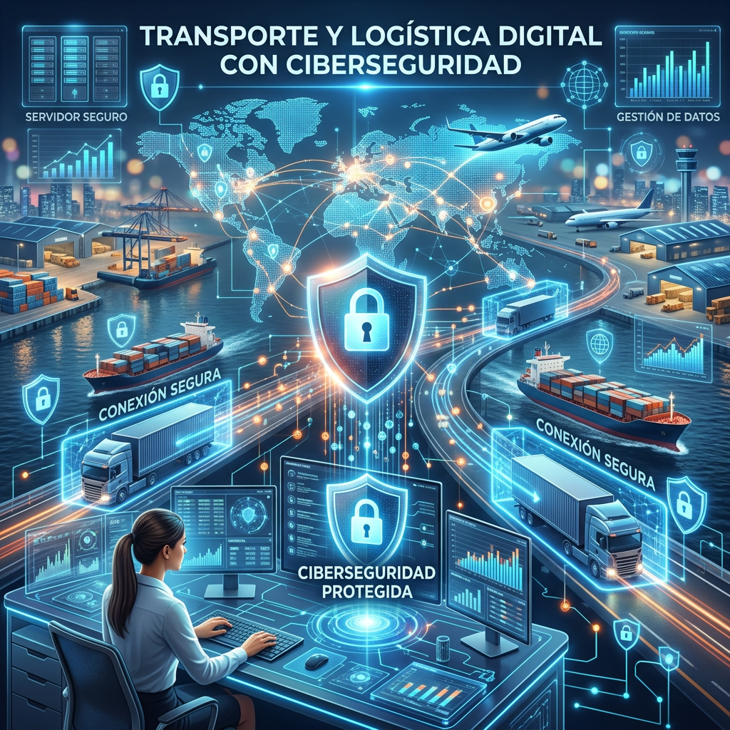Control center showing secure digital transport and logistics with trucks, ships, planes, and cybersecurity icons