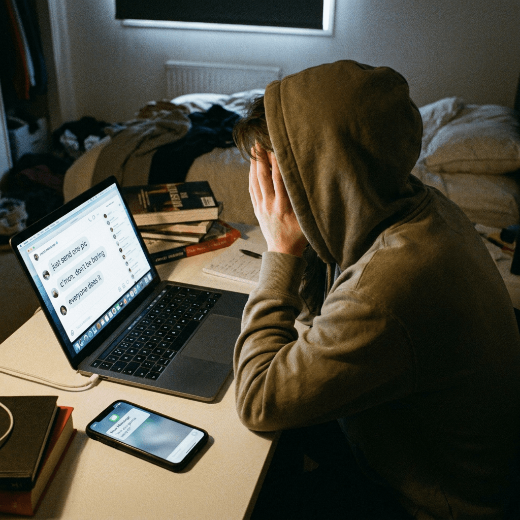 Person in hoodie covering face sitting at desk with laptop showing pressured messages and phone with notifications