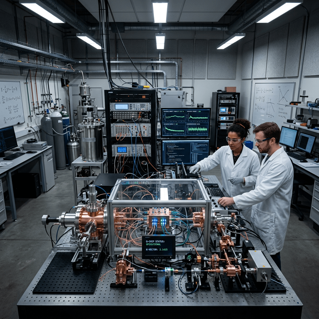 Labs researchers working with quantum computing equipment and monitoring data