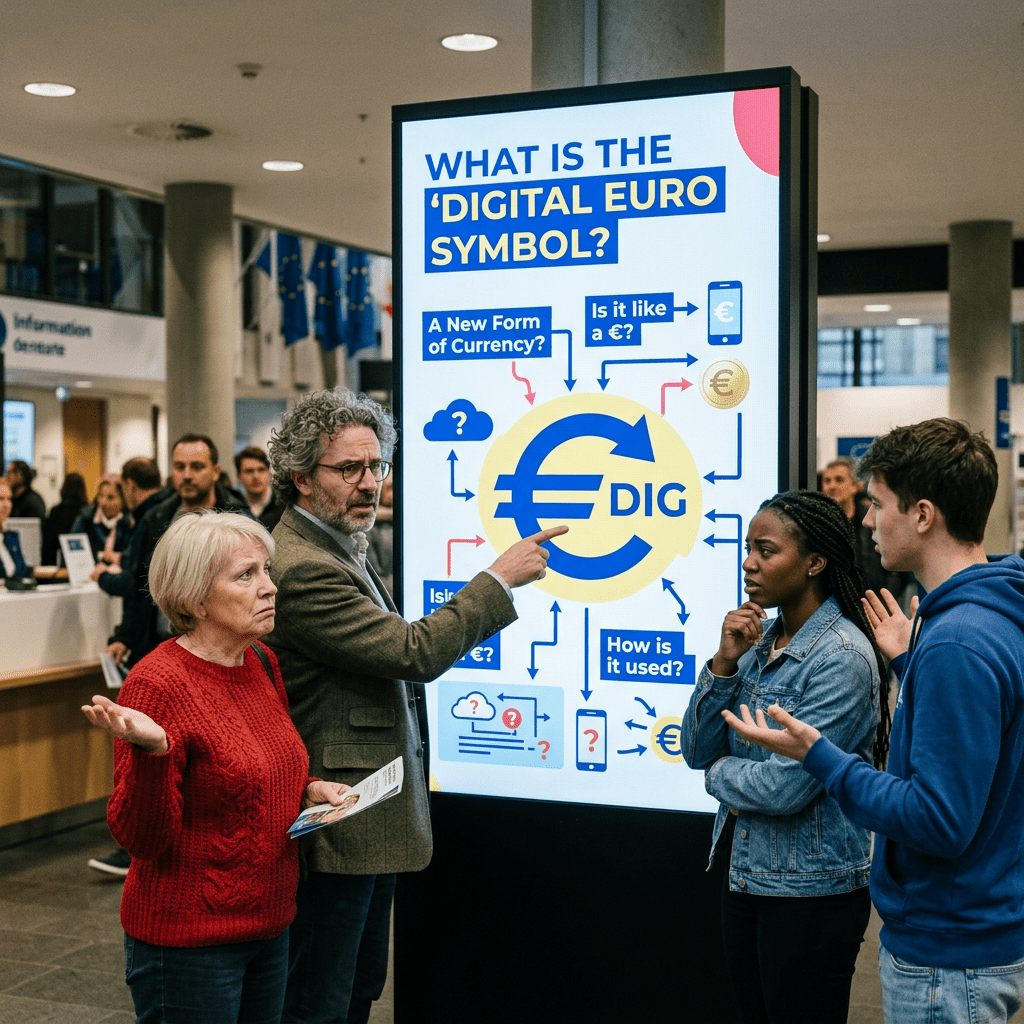 Four people engaged in conversation in front of a digital display about the digital euro symbol