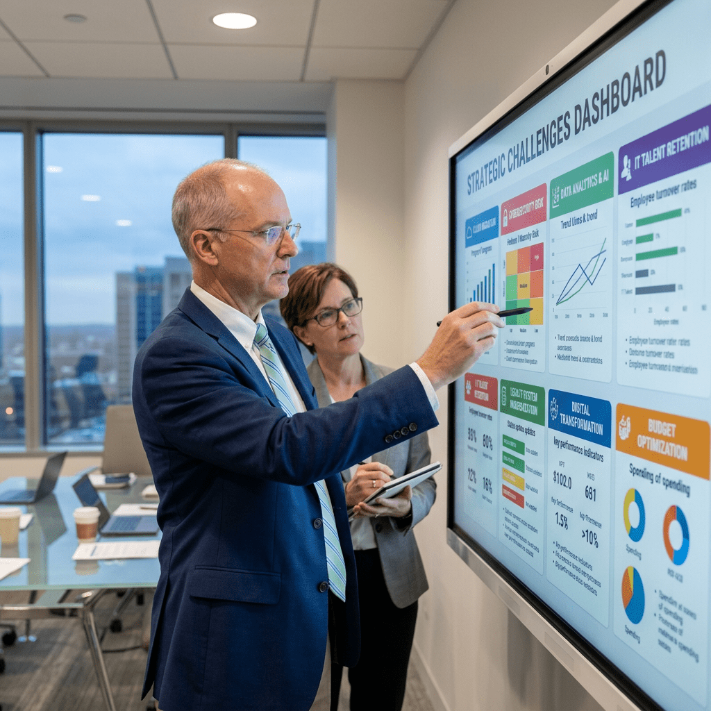 Two business professionals examining strategic challenges dashboard with charts and graphs