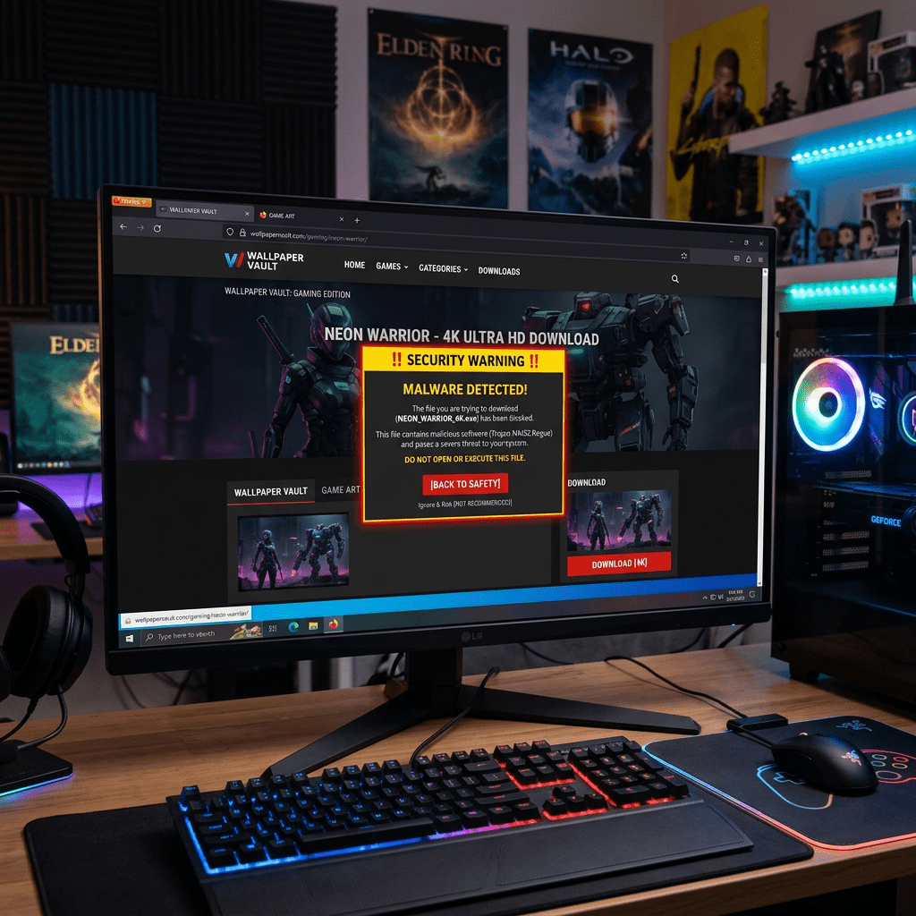 Computer screen showing malware warning for Neon Warrior wallpaper download