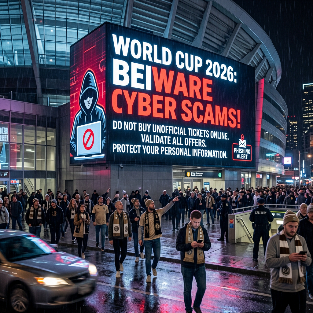 Digital billboard warning about cyber scams and phishing alerts for World Cup 2026 near stadium entrance