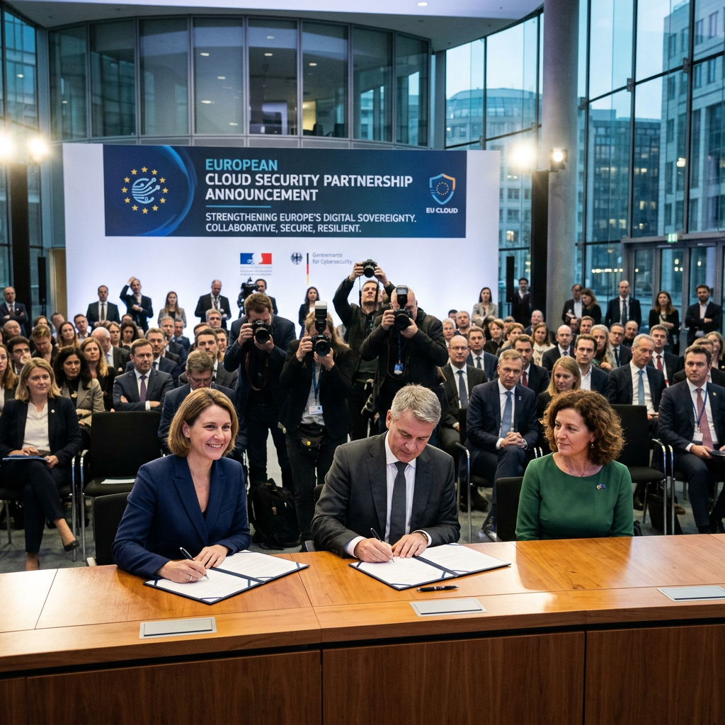 Two officials signing documents at European cloud security partnership event with audience and photographers