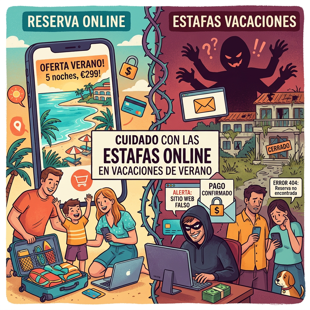 Illustration showing a family booking a summer vacation online contrasted with a scammer and disappointed couple due to fake bookings
