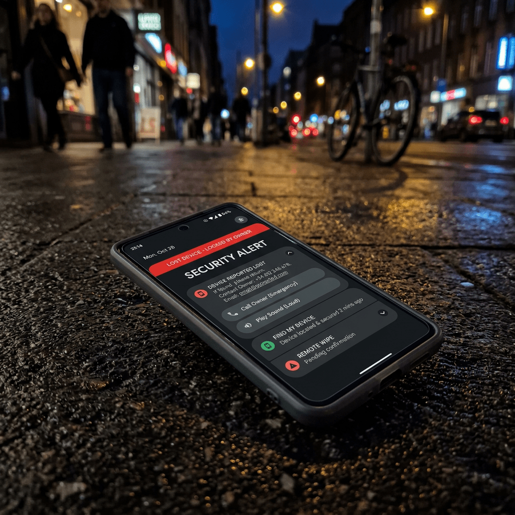Smartphone showing a lost device security alert on a wet dark street at night
