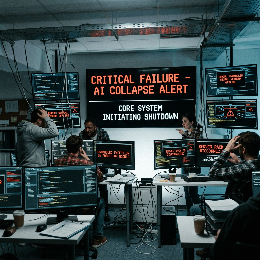 Multiple computer screens showing AI system errors and shutdown messages with concerned team members