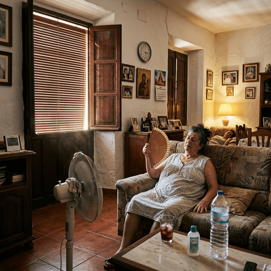 Elderly woman fanning herself on a couch beside a standing fan in a sunlit living room