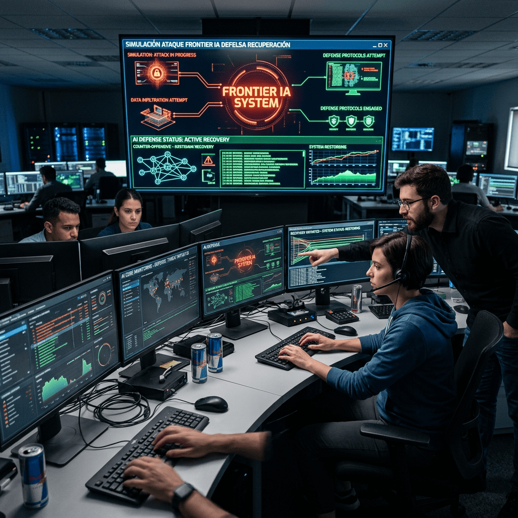 Cybersecurity team analyzing AI system attack simulation on multiple monitors in control room