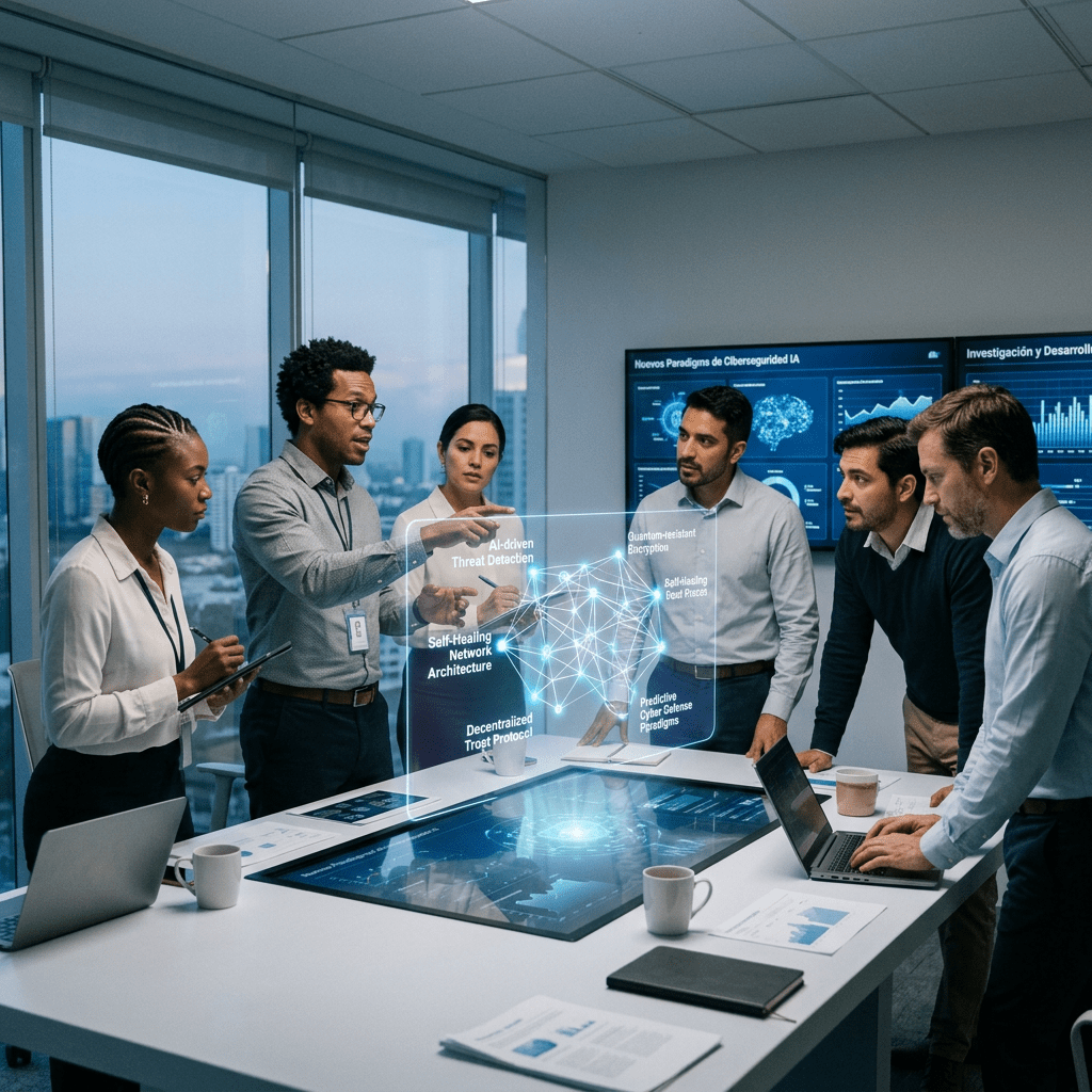 Six professionals collaborating around a futuristic digital table displaying AI cybersecurity concepts