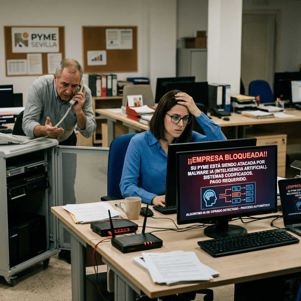 Computer screen displaying locked company alert due to AI malware attack