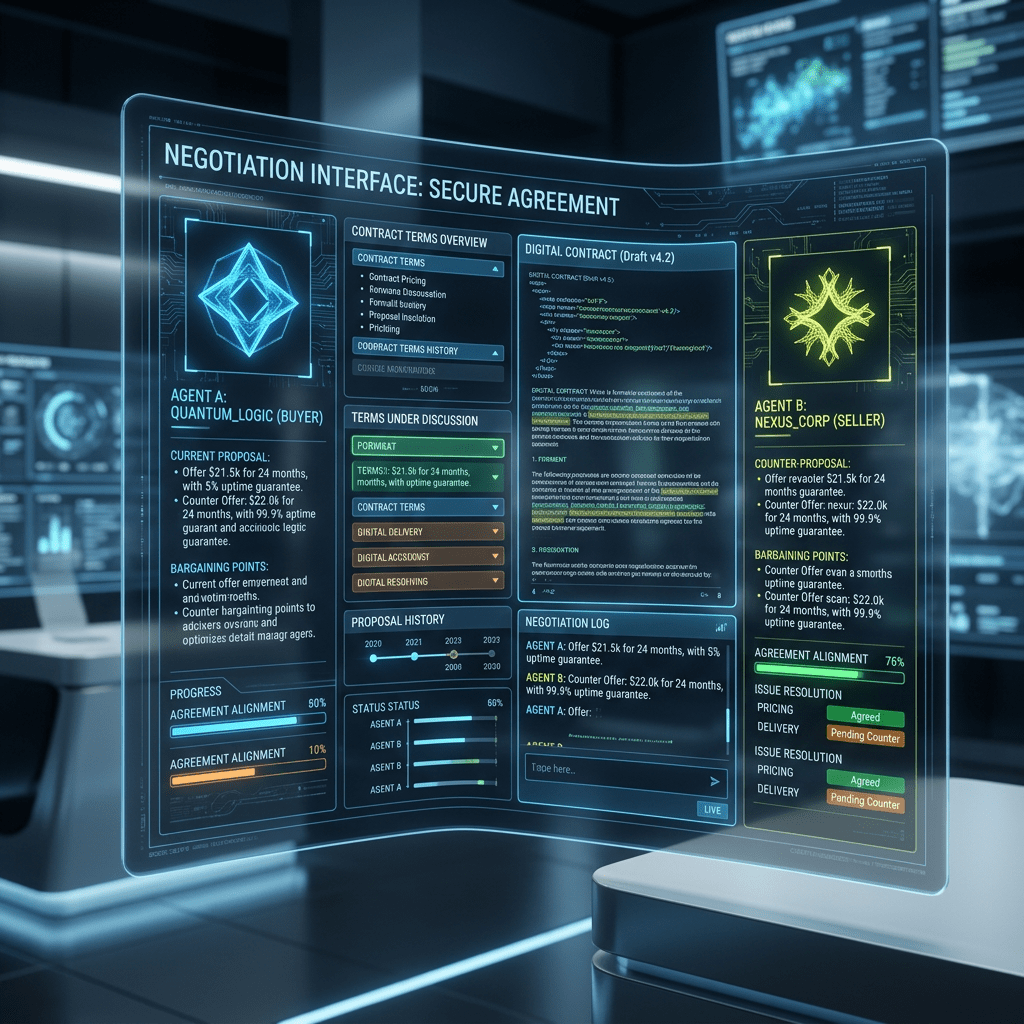 Holographic negotiation interface with contract details and proposal comparisons between two agents