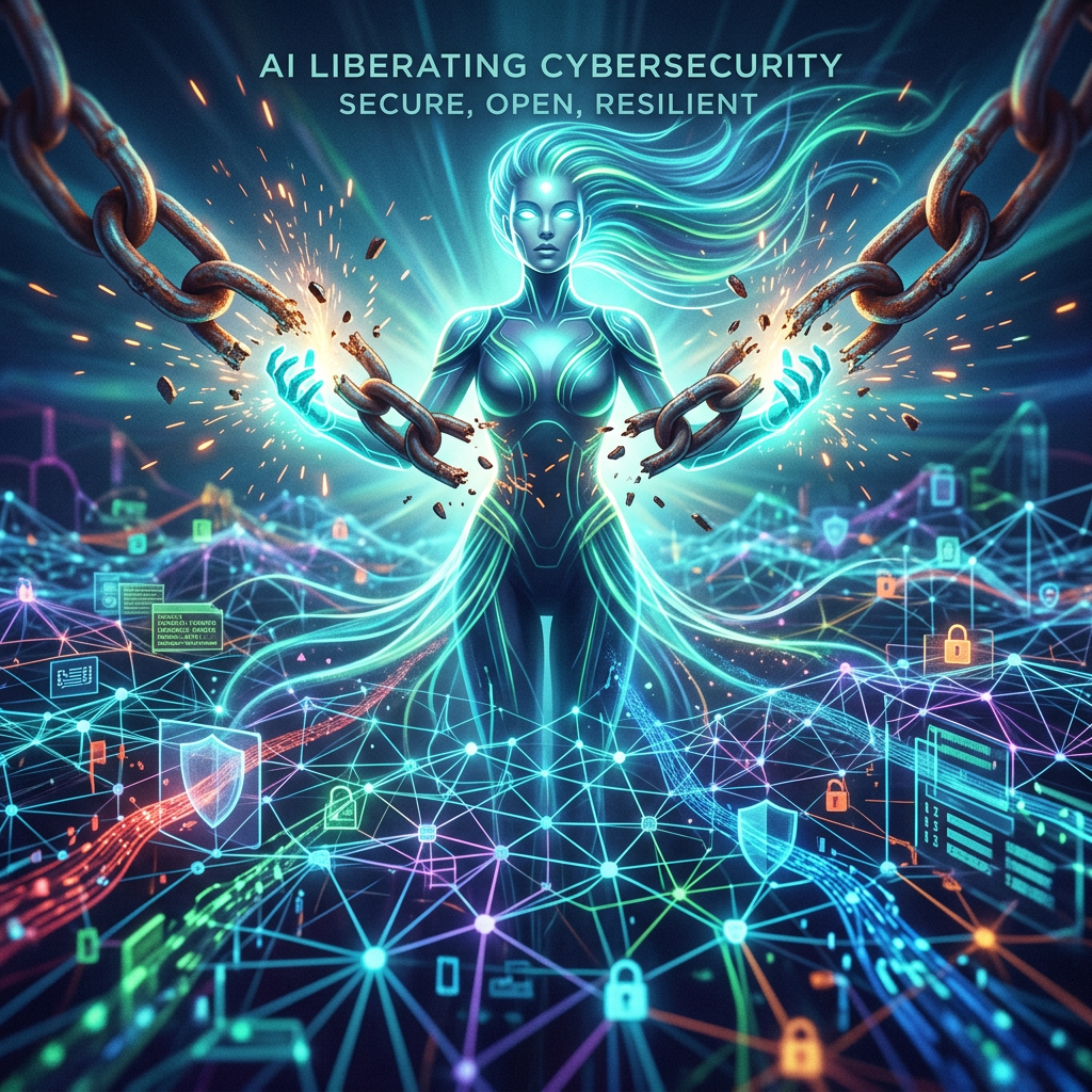 Glowing AI figure breaking chains amidst digital network of cybersecurity icons