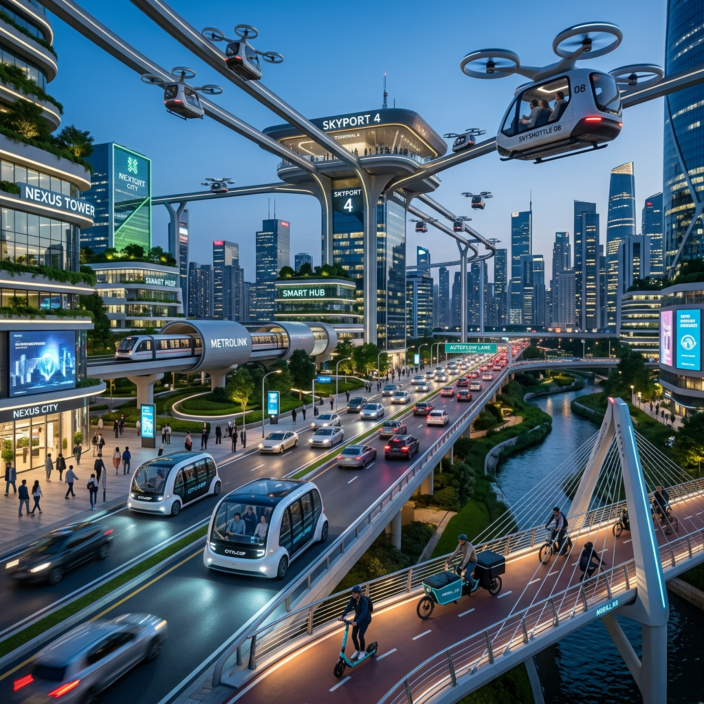 Futuristic city with autonomous cars, flying taxis, and elevated monorail at dusk