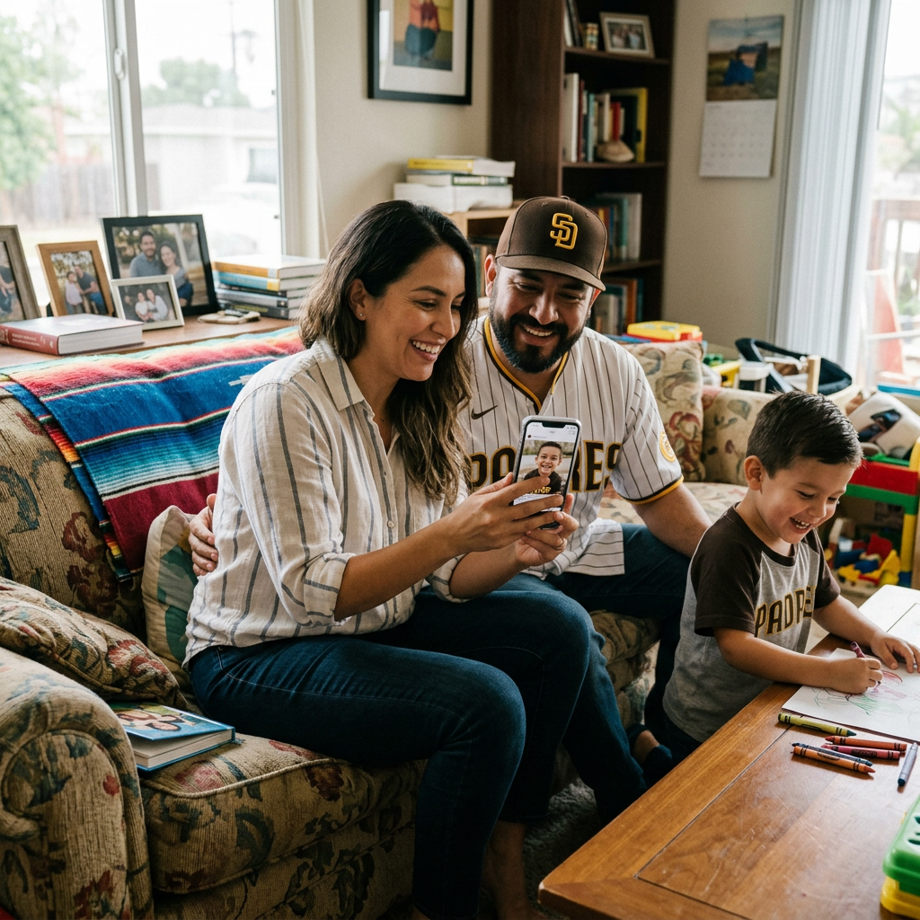 Parents smiling at a phone screen showing a video call while their child colors at the table.
