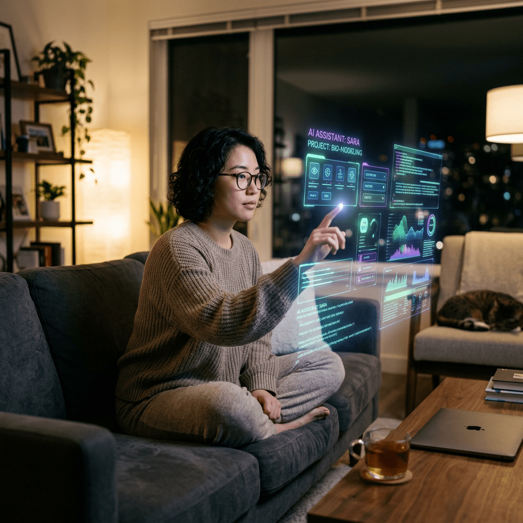 Woman interacting with holographic AI assistant interface showing project data