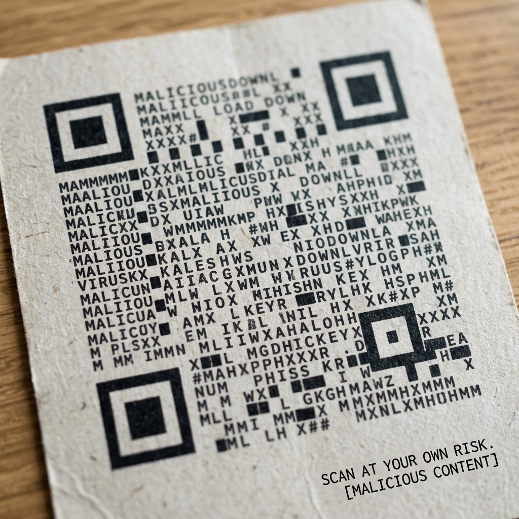 QR code with text indicating malicious content and a caution to scan at own risk