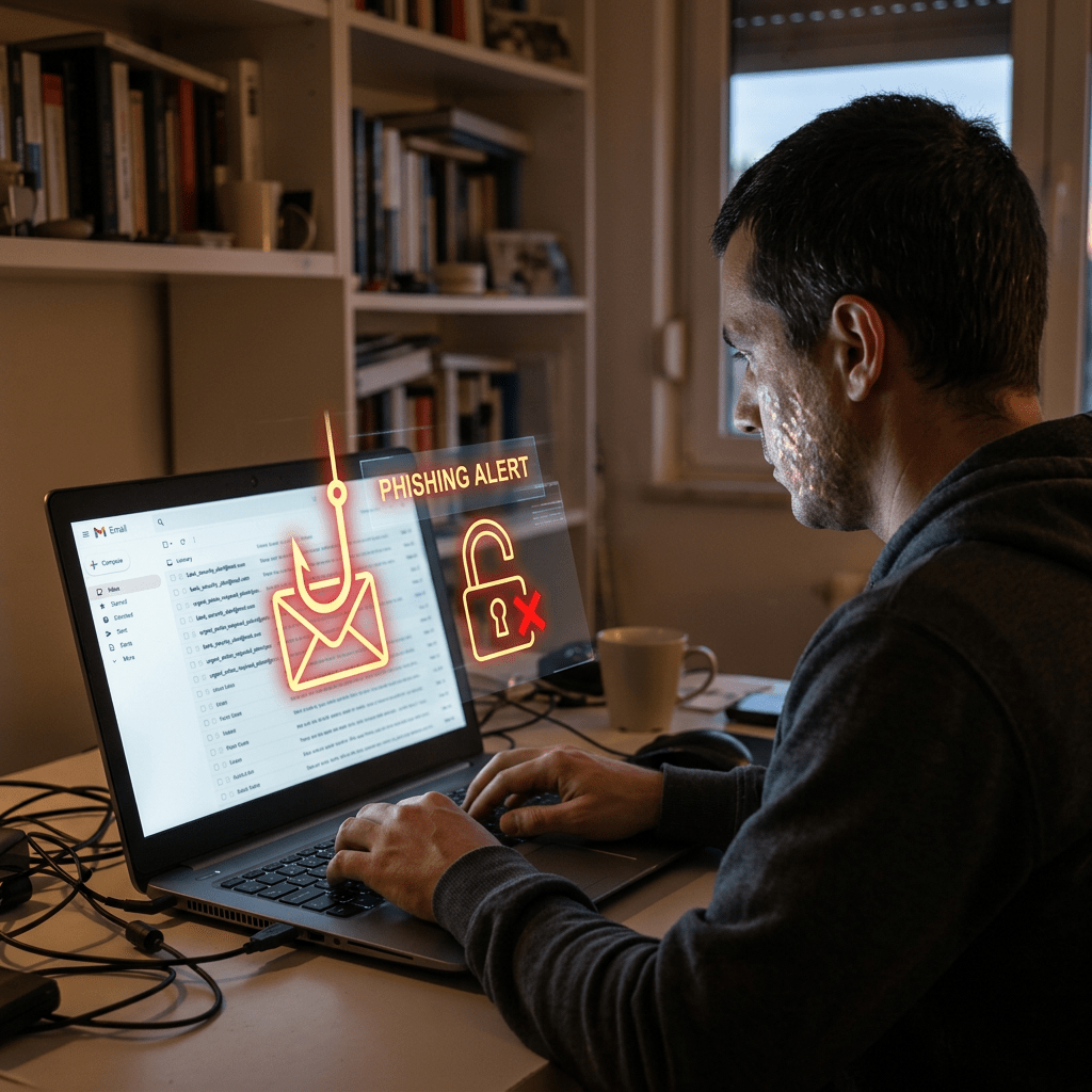 Man using laptop with phishing alert and unlocked padlock icon on screen