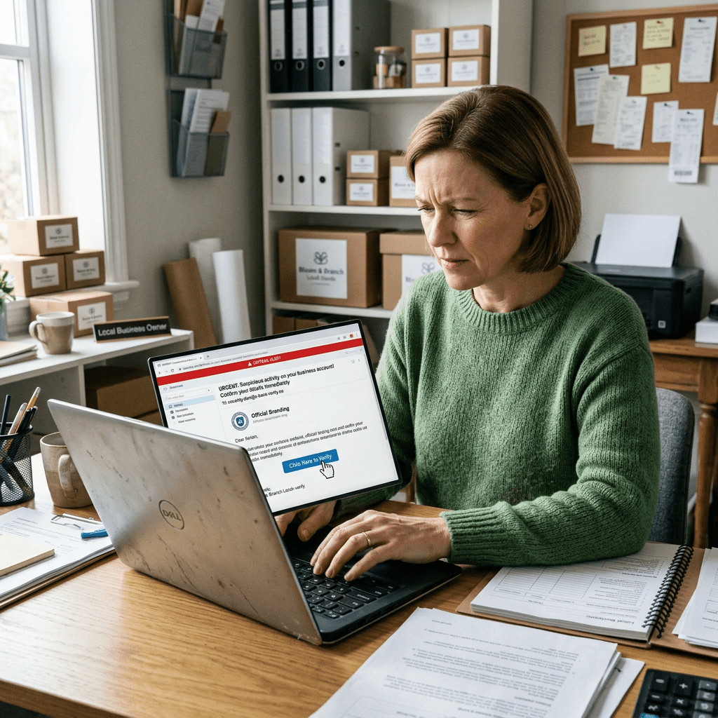 Woman in green sweater looking worriedly at a suspicious email warning on laptop screen