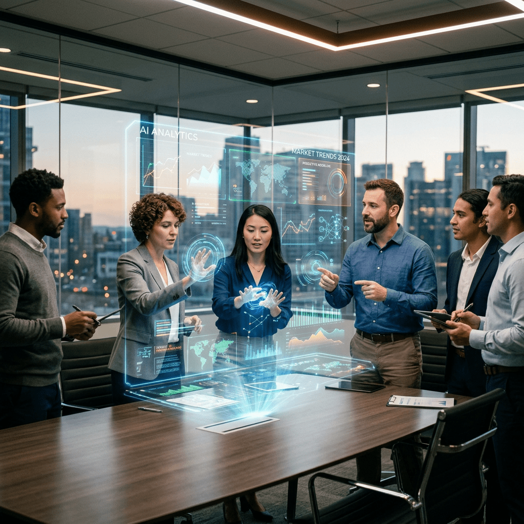 Business professionals using futuristic AI analytics holographic display in office meeting